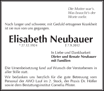 Traueranzeige von Elisabeth Neubauer von Pegnitz-Zeitung